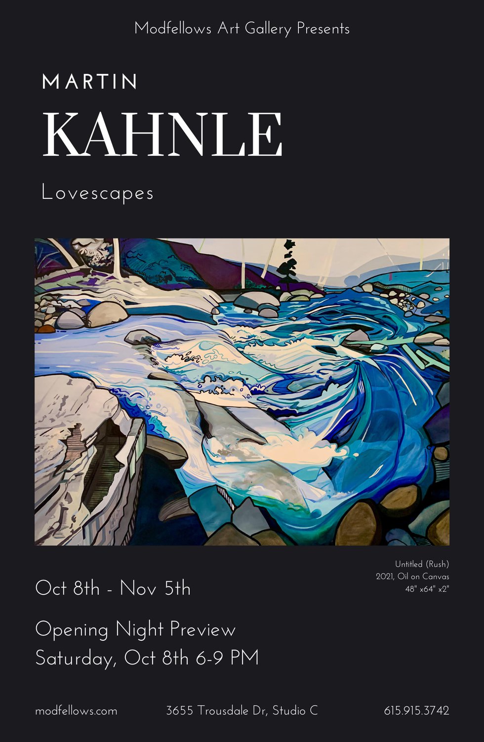 Inspired by the landscape paintings of David Hockney, Alex Katz, and Lawren Harris, Kahnle transports the viewer to boldly rendered forests and brooks. With thematic intentions, these works are meant to reflect upon .png
