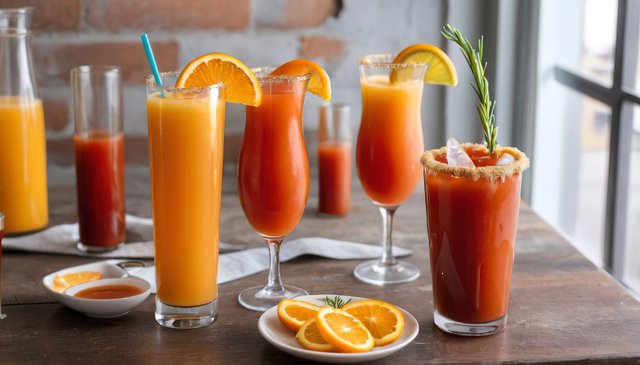 Brunch cocktails with orange mimosas and bloody mary